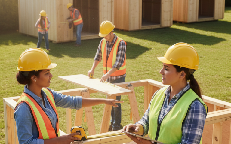 Contractor supervising team building multiple sheds, demonstrating quality control and scalable shed building business practices