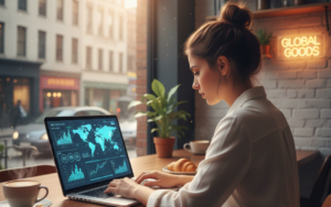 Small business owner using AI-powered tools and SEO dashboards on a laptop to grow their business online