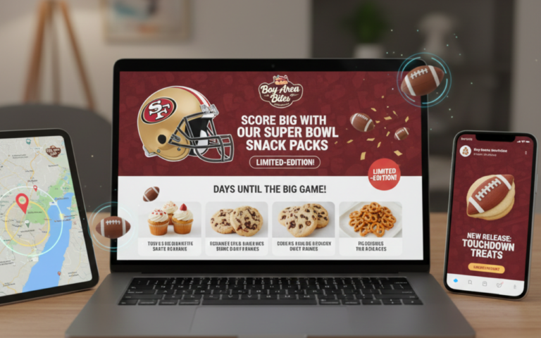 Laptop and smartphone displaying a Bay Area small business Super Bowl brand activations campaign with social media ads, geofencing maps, and limited-edition product announcements, featuring football-themed graphics and game-day countdown